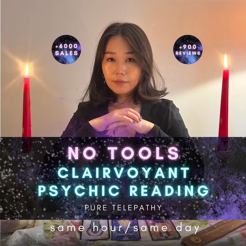 May include: A person with dark hair wearing a black top, positioned between two tall red candles. Text overlays include +6000 SALES, +900 REVIEWS, NO TOOLS CLAIRVOYANT PSYCHIC READING, PURE TELEPATHY, and same hour/same day. Three tarot cards are visible below.
