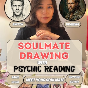 Può includere: Una pubblicità per un disegno dell'anima gemella con lettura psichica. L'immagine presenta una donna con due ritratti circolari di uomini etichettati come "schizzo" e "disegno". Il testo recita "Soulmate Drawing with Psychic Reading". Il testo aggiuntivo include "Same Hour", "Meet Your Soulmate" e "Psychic Artist".