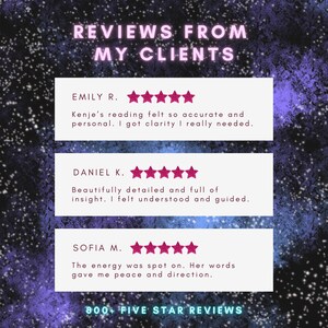 May include: A graphic display titled REVIEWS FROM MY CLIENTS against a dark purple and black starry background. It features three white rectangular boxes containing five-star ratings and testimonials from Emily R., Daniel K., and Sofia M.