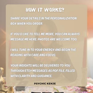 Op de afbeelding: Een beige afbeelding met de tekst "HOW IT WORKS?" en instructies voor het bestellen van een spirituele reading. De tekst legt uit hoe je details kunt delen, foto's kunt sturen en inzichten kunt ontvangen via Etsy-berichten als PDF-bestand. De naam "PSYCHIC KENJE" staat onderaan.