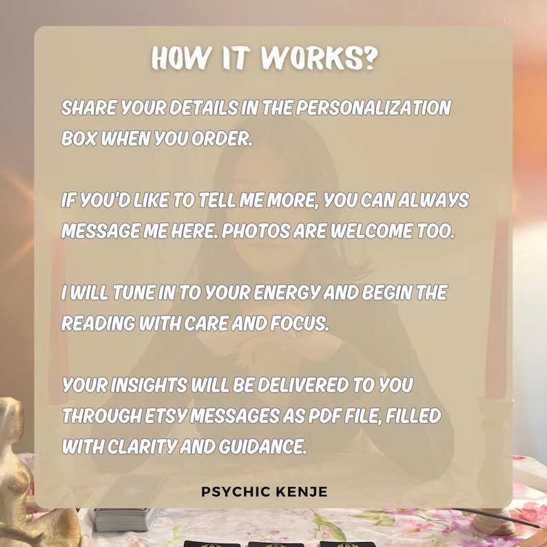 Op de afbeelding: Een beige afbeelding met de tekst "HOW IT WORKS?" en instructies voor het bestellen van een spirituele reading. De tekst legt uit hoe je details kunt delen, foto's kunt sturen en inzichten kunt ontvangen via Etsy-berichten als PDF-bestand. De naam "PSYCHIC KENJE" staat onderaan.