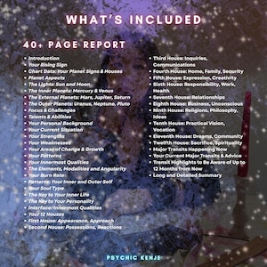 May include: A 40+ page report titled What's Included, listing astrological sections like Rising Sign, Planet Aspects, and the 12 Houses. The text is overlaid on a dark, mystical background with a red candle and tarot cards. Psychic Kenje is at the bottom.