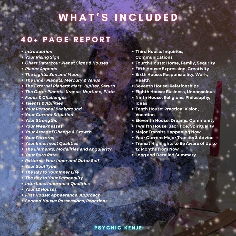 May include: A 40+ page report titled What's Included, listing astrological sections like Rising Sign, Planet Aspects, and the 12 Houses. The text is overlaid on a dark, mystical background with a red candle and tarot cards. Psychic Kenje is at the bottom.