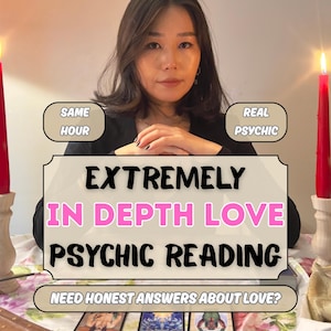 May include: An image featuring a woman with text that reads "EXTREMELY IN DEPTH LOVE PSYCHIC READING". The image also includes the text "SAME HOUR", "REAL PSYCHIC", and "NEED HONEST ANSWERS ABOUT LOVE?" Red candles are lit on either side of the woman.