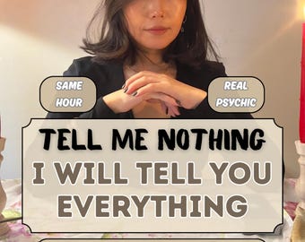 Op de afbeelding: Een promotionele afbeelding voor een paranormale lezing met de tekst: SAME HOUR, REAL PSYCHIC, TELL ME NOTHING I WILL TELL YOU EVERYTHING, BLIND PSYCHIC READING en NO SUGARCOATING. JUST THE TRUTH. Het ontwerp gebruikt beige en zwarte tinten.