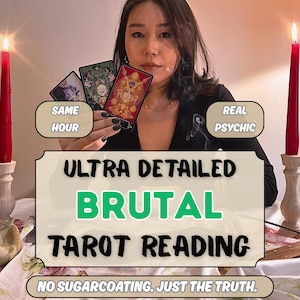 May include: Three tarot cards held in hand with intricate illustrations, flanked by two tall red candles in wooden holders. Text overlays read: SAME HOUR, REAL PSYCHIC, ULTRA DETAILED BRUTAL TAROT READING, and NO SUGARCOATING. JUST THE TRUTH.