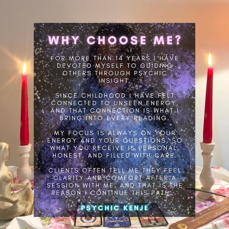 May include: A rectangular sign with a purple and black cosmic background featuring white text that reads: WHY CHOOSE ME? FOR MORE THAN 14 YEARS I HAVE DEVOTED MYSELF TO GUIDING OTHERS THROUGH PSYCHIC INSIGHT. SINCE CHILDHOOD I HAVE FELT CONNECTED TO UNSEEN ENERGY.