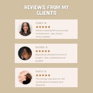Op de afbeelding: Een bruine afbeelding met de tekst "REVIEWS FROM MY CLIENTS" bovenaan. Hieronder staan drie klantbeoordelingen, elk met een naam, een foto en een vijfsterrenbeoordeling. De beoordelingen zijn van Emily R., Daniel K. en Sofia M.