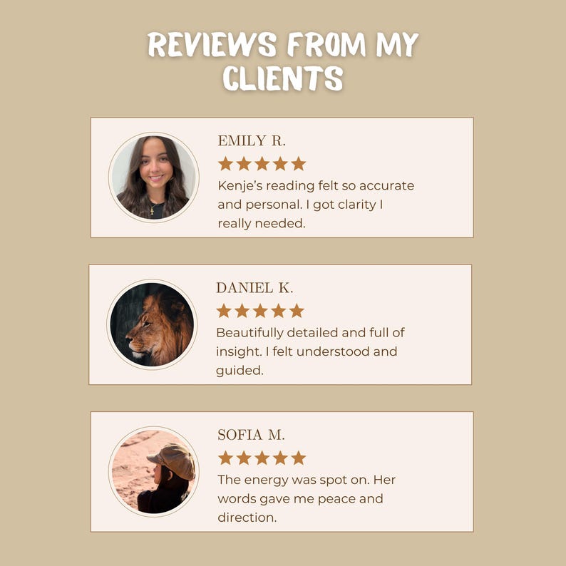 Op de afbeelding: Een bruine afbeelding met de tekst "REVIEWS FROM MY CLIENTS" bovenaan. Hieronder staan drie klantbeoordelingen, elk met een naam, een foto en een vijfsterrenbeoordeling. De beoordelingen zijn van Emily R., Daniel K. en Sofia M.