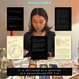 May include: A collection of printed documents featuring a natal chart reading, including a circular astrological wheel diagram, text-based personality analysis, and planet position tables, presented alongside a spread of tarot cards on a table.