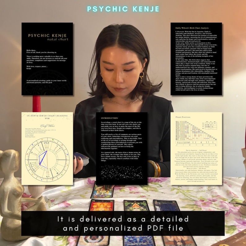 May include: A collection of printed documents featuring a natal chart reading, including a circular astrological wheel diagram, text-based personality analysis, and planet position tables, presented alongside a spread of tarot cards on a table.