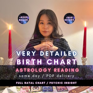 May include: A digital graphic featuring the text VERY DETAILED BIRTH CHART ASTROLOGY READING, same day / PDF delivery, and FULL NATAL CHART / PSYCHIC INSIGHT. Two red candles stand on either side of a circular zodiac chart with Pisces and Aries.