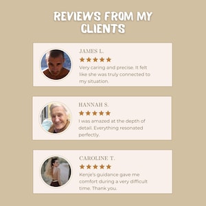 Op de afbeelding: Een afbeelding met klantbeoordelingen. De tekst "REVIEWS FROM MY CLIENTS" staat bovenaan. Er worden drie getuigenissen getoond, elk met een foto, naam en een 5-sterrenbeoordeling. Elke beoordeling bevat een korte quote over de service.
