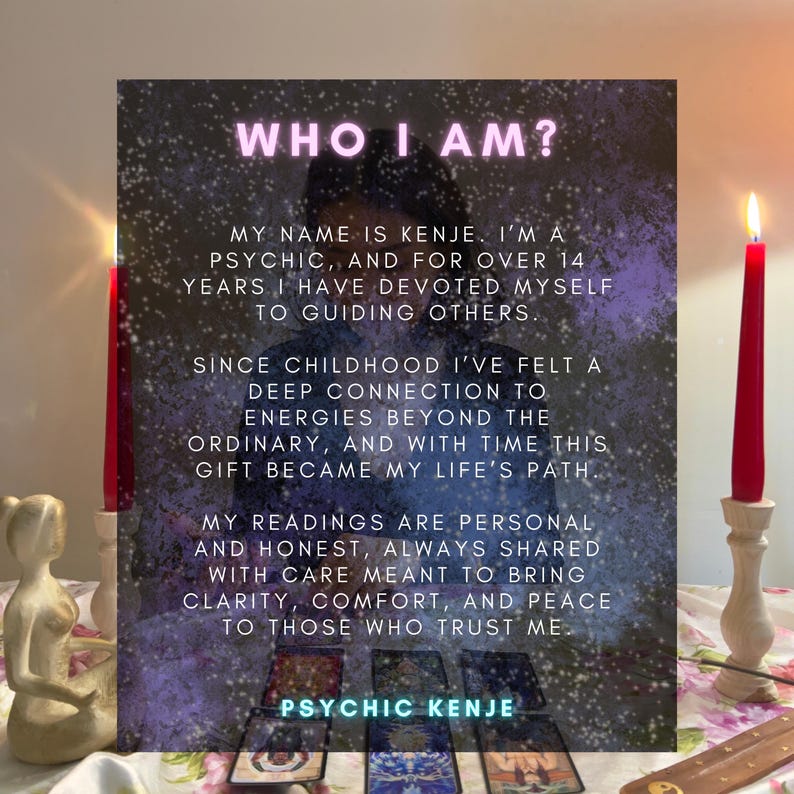 May include: A rectangular graphic featuring the text WHO I AM? followed by a personal introduction for Psychic Kenje. The background displays a dark purple cosmic nebula effect with white speckles, overlaid with tarot cards and two red candles.
