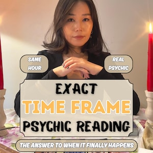 May include: An image featuring a person with the text "EXACT TIME FRAME PSYCHIC READING". The text also includes "SAME HOUR", "REAL PSYCHIC", and "THE ANSWER TO WHEN IT FINALLY HAPPENS". Two red candles are lit on either side of the person.
