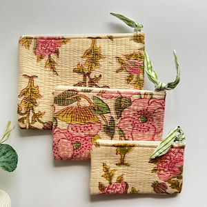 Pink And Beige Block Printed Floral Pouch Flat Quilted Pouch Cotton Cosmetic Gifting Travel Zip Quilted Makeup Pouch Cute Floral Set of 3