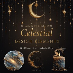 May include: A digital collection of 36 luxury PNG celestial design elements featuring gold moons, stars, garlands, and orbs. The graphic displays a swirling blue and gold marble orb, a textured gold crescent moon, and a lit candle with smoke.