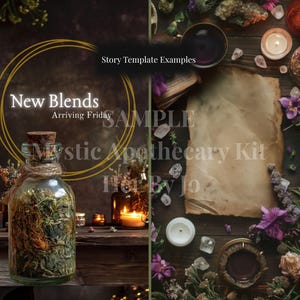 May include: An apothecary-themed image with a glass jar filled with herbs, labeled "New Blends Arriving Friday." The image includes candles, flowers, and a vintage paper, suggesting a mystical or herbal product.