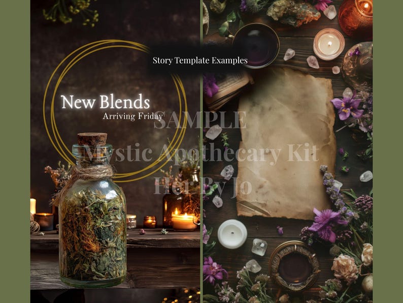 May include: An apothecary-themed image with a glass jar filled with herbs, labeled "New Blends Arriving Friday." The image includes candles, flowers, and a vintage paper, suggesting a mystical or herbal product.
