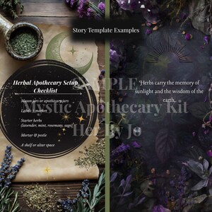 May include: An apothecary-themed image with a checklist, mortar and pestle, and herbs. The checklist includes items like mason jars, labels, and starter herbs. The image has a rustic, mystical aesthetic with text that reads "Mystic Apothecary Kit."