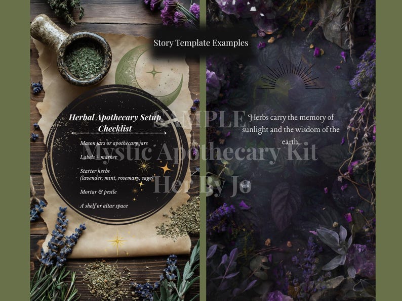 May include: An apothecary-themed image with a checklist, mortar and pestle, and herbs. The checklist includes items like mason jars, labels, and starter herbs. The image has a rustic, mystical aesthetic with text that reads "Mystic Apothecary Kit."