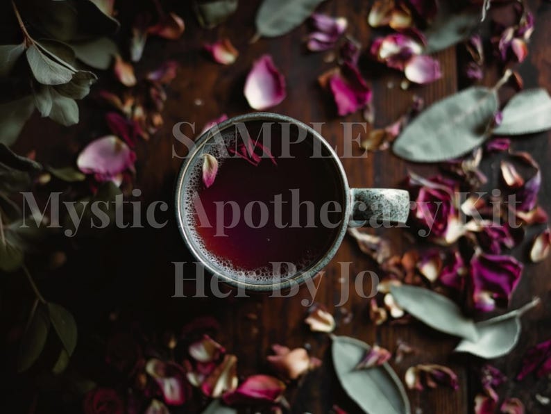 May include: Overhead view of a cup of dark red liquid, possibly tea or a potion, with a gray handle, surrounded by dried rose petals and green leaves. The text "Mystic Apothecary Kit" and "Her By Jo" is visible.