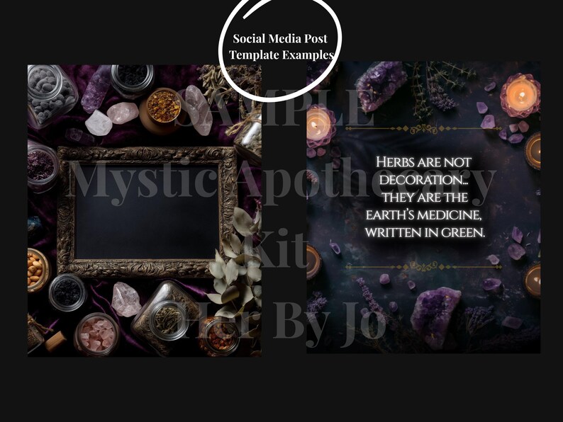 May include: A social media post template with a dark, mystical theme. The image features a framed chalkboard, crystals, herbs, and candles. Text includes "Mystic Apothecary Kit" and "Herbs are not decoration..."