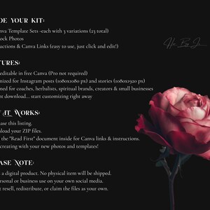 May include: Digital product image with text listing the contents of a Canva template kit: 8 template sets, 50 stock photos, and instructions. The image features a dark background and a close-up of a red and white rose.