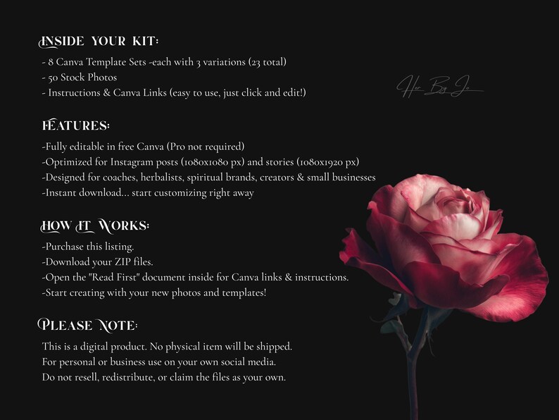 May include: Digital product image with text listing the contents of a Canva template kit: 8 template sets, 50 stock photos, and instructions. The image features a dark background and a close-up of a red and white rose.