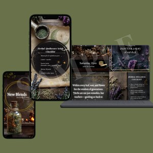 May include: An image showcasing a herbal apothecary theme. It features a smartphone displaying "New Blends" and a laptop with text about herbs and wellness. The image includes a checklist for setting up an apothecary and information about a Saturday online event.