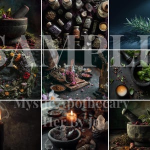 May include: A collection of images featuring apothecary items. Includes a mortar and pestle with herbs, jars of dried ingredients, a floral wreath, candles, and crystals. The text "Mystic Apothecary Her By Jo" is visible.