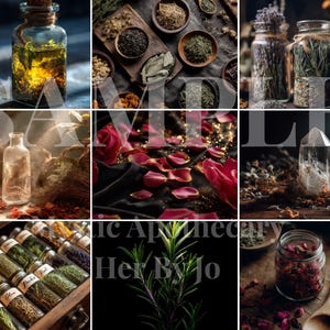 May include: A collage of apothecary items, including glass jars with herbs, a bottle of oil, wooden bowls with dried plants, rose petals, and a clear crystal. The image has a rustic, natural aesthetic.