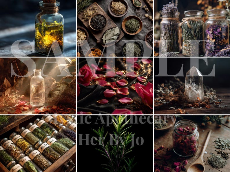 May include: A collage of apothecary items, including glass jars with herbs, a bottle of oil, wooden bowls with dried plants, rose petals, and a clear crystal. The image has a rustic, natural aesthetic.