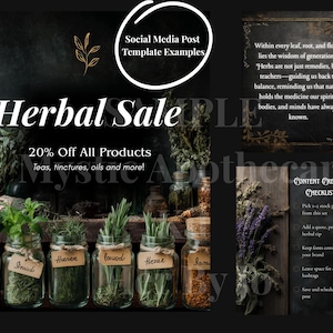 May include: An advertisement for an herbal sale with the text "Herbal Sale" and "20% Off All Products." The image features jars of herbs, text about herbs, and a content creation checklist. The background is dark.
