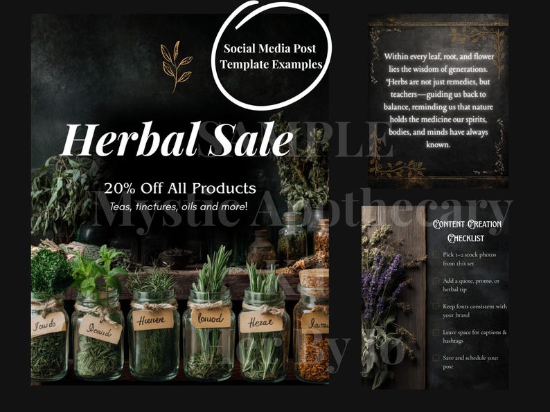 May include: An advertisement for an herbal sale with the text "Herbal Sale" and "20% Off All Products." The image features jars of herbs, text about herbs, and a content creation checklist. The background is dark.