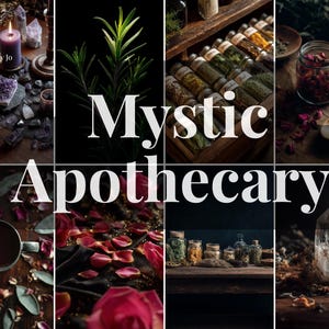 May include: A collage of images with a mystical apothecary theme. The images include crystals, candles, herbs, rose petals, and jars of ingredients. The text "Mystic Apothecary" is overlaid on the images.