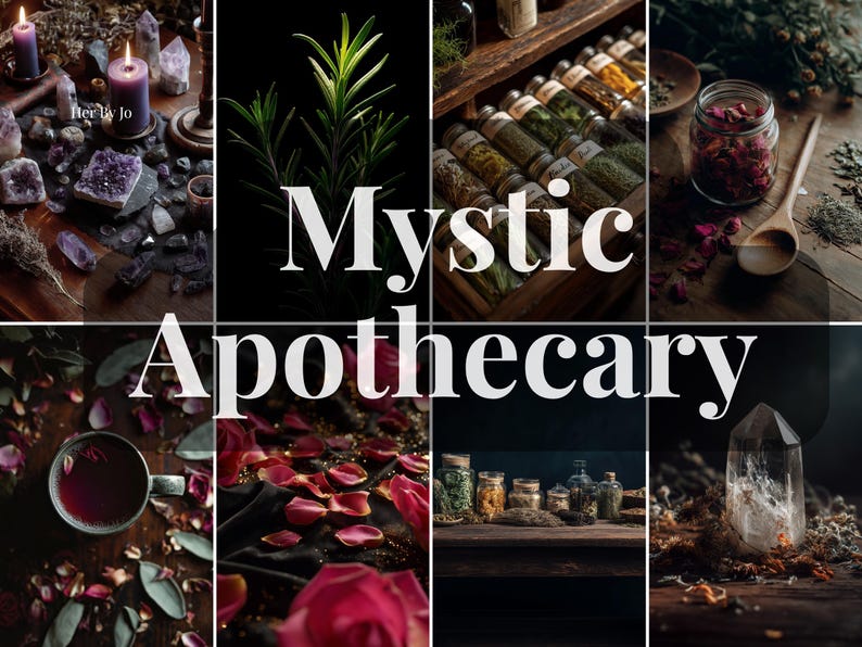 May include: A collage of images with a mystical apothecary theme. The images include crystals, candles, herbs, rose petals, and jars of ingredients. The text "Mystic Apothecary" is overlaid on the images.