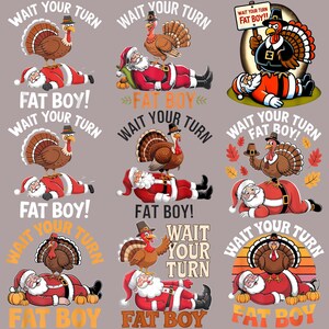 Op de afbeelding: Een verzameling Thanksgiving-thema afbeeldingen met een kalkoen met een pelgrimshoed op de kerstman. De tekst bevat "Wait Your Turn" en "Fat Boy!" in verschillende lettertypen. Het kleurenpalet omvat rood, bruin en oranje.