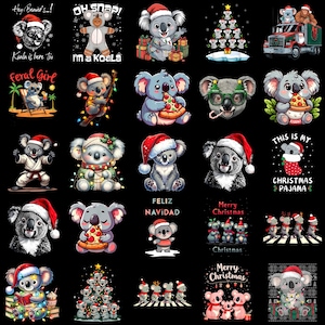 May include: A collection of Christmas-themed koala bear illustrations. The koalas are depicted in various festive scenes, wearing Santa hats, holding gifts, and enjoying pizza. Some images include text like "Merry Christmas" and "Feliz Navidad".