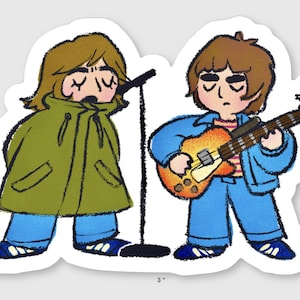 May include: A sticker depicting a cartoon illustration of two musicians. One sings into a microphone, wearing a green coat and blue trousers. The other plays a guitar, wearing a blue jacket and trousers. The guitar is orange and yellow.
