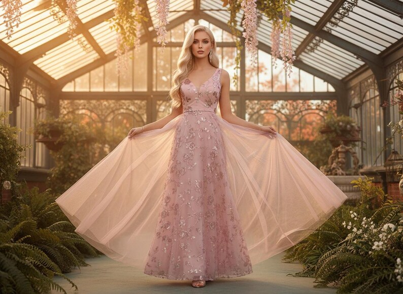 Sunlit Prom Elegant Pink V-neck Floral Sequin Mesh Splice Maxi Dress – Sleeveless A ...