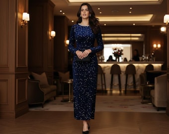 Sequin Embellished Long Sleeve Mermaid Dress with Asymmetrical Rhinestone Details, High Waist Slim Fit, Elegant Evening & Festive Wear