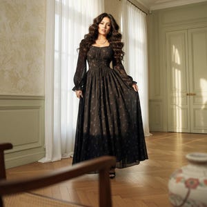 black fairy dress long Gothic Gwendolyn Black Gothic prom dress with Off-Shoulder Lace, Fairy Long Sleeves, and L-Up Corset for Halloween Cosplay and Evening Events
