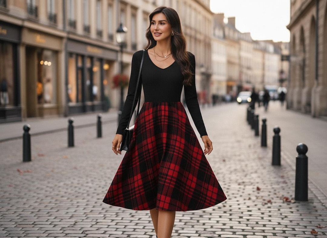 navy blue dress for baby girl Elegant Red & Black Plaid A-line Dress — V-neck Knee-length, Slim Fit With  Long Cloak-style Sleeves, Stretchy Flattering