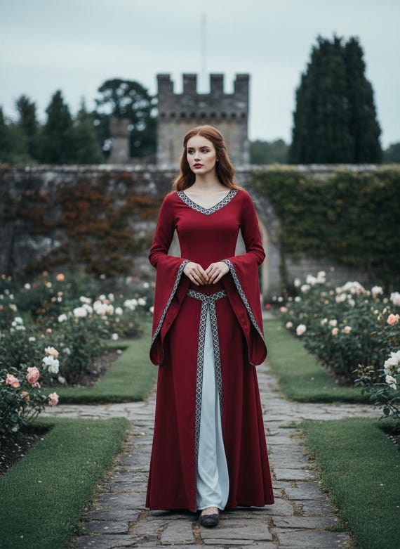 medieval burgundy dress Vintage Burgundy Renaissance Dress -- Scoop Neck, Flare Long Sleeves, Mid-Waist Lace-Up Back -- Medieval/Fairy Costume, Halloween, Ren Fair