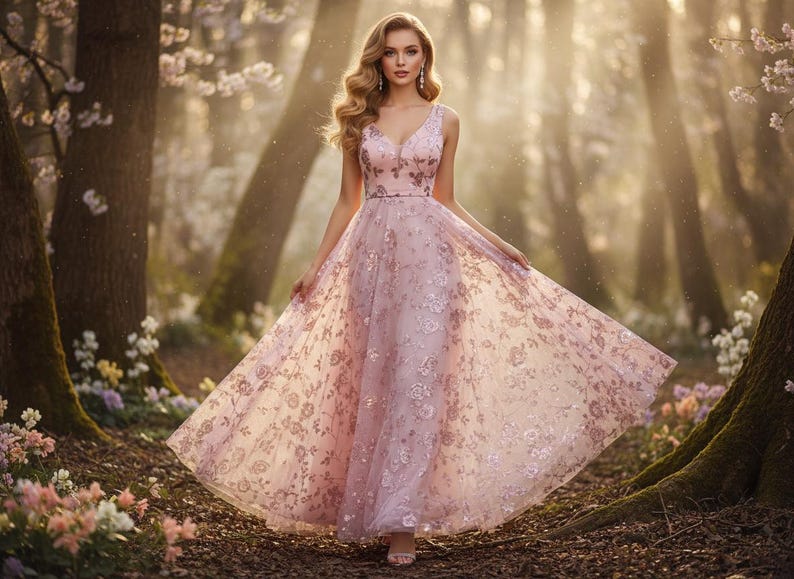 Sunlit Prom Elegant Pink V-neck Floral Sequin Mesh Splice Maxi Dress – Sleeveless A ...