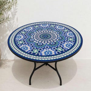 Handmade Moroccan Mosaic Round Table – Blue Zellige Patio Bistro Table – Outdoor & Indoor Ceramic Tile Table – Artisan Metal Base.
