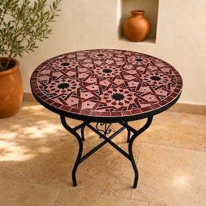 Table d'appoint ronde en mosaïque Zellige marocaine faite à la main, base en fer forgé noir, table d'appoint d'intérieur/extérieur.
