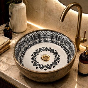 May include: A round ceramic vessel sink featuring a white interior with a black geometric pattern and a central floral motif. The sink has a textured, weathered exterior finish and includes a gold-toned drain fixture in the centre of the basin.