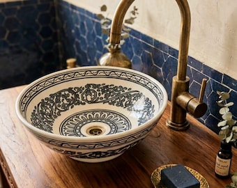 Handmade Moroccan Blue decorated Ceramic Bathroom Sink: Artisan Pottery Basin